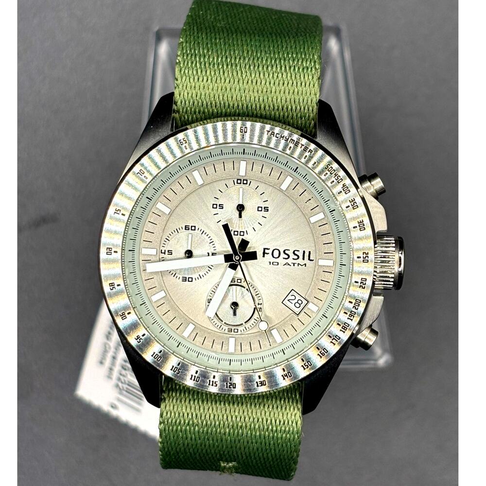 Fossil Decker CH2597 Chronograph Silver Dial Green Nylon Men’s Watch 43mm NWT